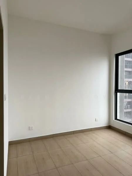 Room features: white painted walls, tile flooring, large window, natural light, neutral color scheme; style: modern; view: city.