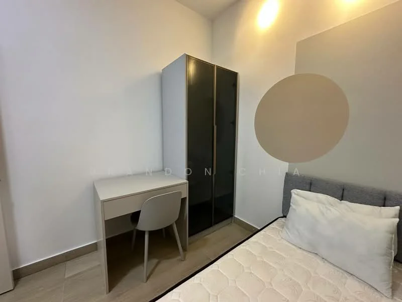 Bedroom features: single bed with grey upholstered headboard, white bedding, grey bedside table, desk with chair, black wardrobe, white walls, recessed lighting, tile flooring; style: modern.