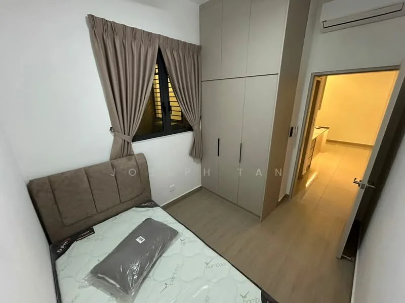 Bedroom features: queen-size bed, upholstered headboard, wooden flooring, white painted walls, floor-to-ceiling window, curtains, built-in wardrobe, air conditioning unit; style: modern.