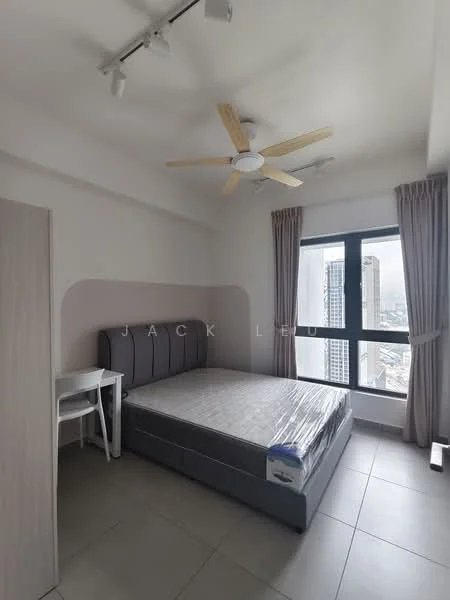 Bedroom features: queen-size bed, upholstered headboard, 5-blade ceiling fan with integrated LED light, floor-to-ceiling window, grey tiled flooring, light grey walls, curtains, white bedside table; style: modern; view: city.