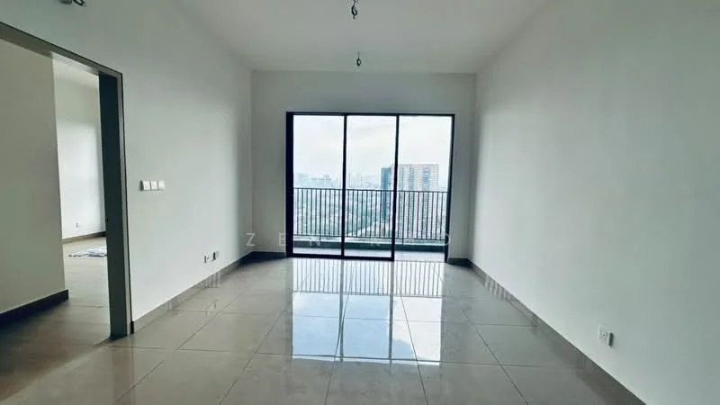 Living features: white painted walls, glossy tile flooring, floor-to-ceiling windows, sliding glass door, balcony access, recessed downlights, single pendant light, open layout; style: modern; view: city.
