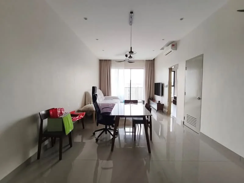 Living features: white painted walls, glossy marble tile flooring, 5-blade ceiling fan with light, floor-to-ceiling windows, curtains, dining table with chairs, sofa, TV console, wall-mounted TV, decorative wall panel, air conditioning unit; style: modern; view: city.