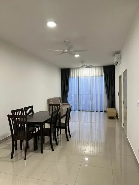 Living features: white painted walls, glossy ceramic tile flooring, 2 ceiling fans, floor-to-ceiling windows, sheer curtains, dark grey curtains, dining table with 4 chairs, sofa, air conditioning unit; style: modern; view: city.