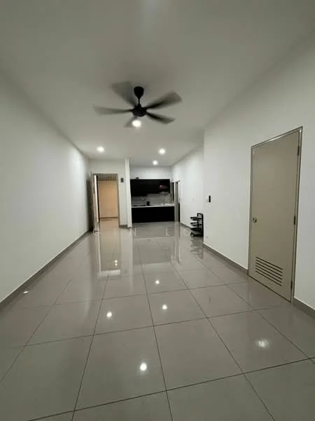 Living features: white painted walls, glossy grey tile flooring, 5-blade ceiling fan with light, recessed LED downlights, open layout, door leading to another room, kitchen area visible in background, air vent on wall; style: modern.