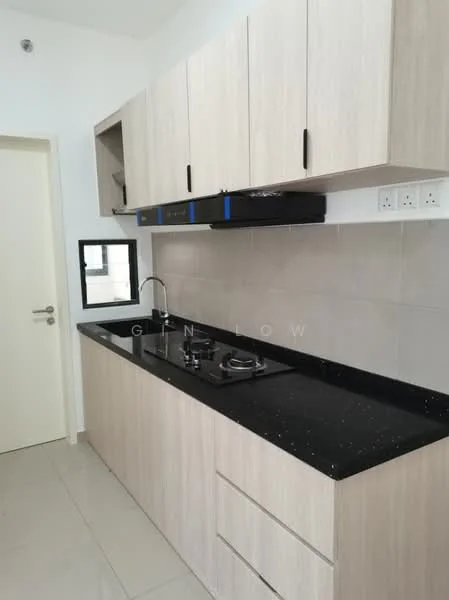 Kitchen features: light wood cabinetry, black countertop, built-in gas hob, stainless-steel sink, chrome pull-down faucet, white tiled backsplash, open shelving, under-cabinet lighting, wall-mounted range hood, ceramic tile flooring; style: modern.