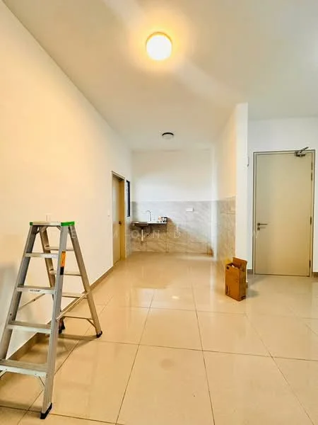 Room features: white painted walls, cream tiled flooring, ceiling light fixture, kitchenette area with sink, wall-mounted faucet, countertop, doorway leading to another room, ladder, box on the floor; style: modern.