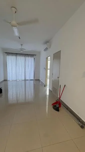 Living features: white painted walls, glossy ceramic tile flooring, 5-blade ceiling fan, floor-to-ceiling windows with sheer curtains, sliding glass door, air conditioning unit, wall-mounted electrical outlets, neutral color scheme; style: modern.