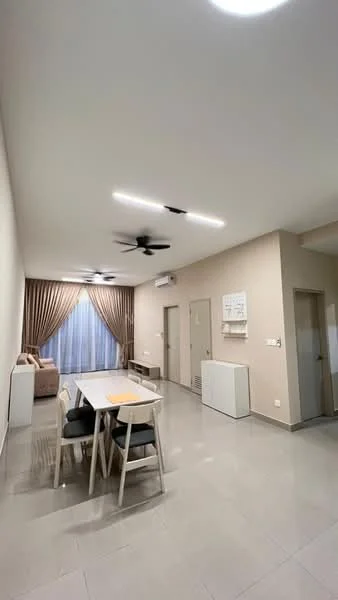 Living features: grey tiled flooring, white painted walls, recessed LED downlights, 2-blade ceiling fan, 3-blade ceiling fan, large window with sheer curtains, dining table with 4 chairs, sofa, sideboard, wall-mounted air conditioning unit, decorative wall panel, door leading to hallway; style: modern.