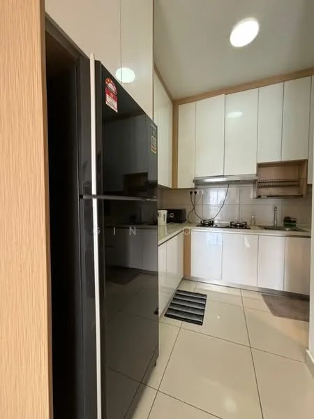 Kitchen features: black fridge, white high-gloss cabinets, stainless-steel built-in oven, 4-burner gas hob, black countertop, ceramic tile flooring, recessed downlights, single-bowl stainless-steel sink, chrome pull-down faucet, wall-mounted range hood, white tiled backsplash, kitchen island, open shelving; style: modern.