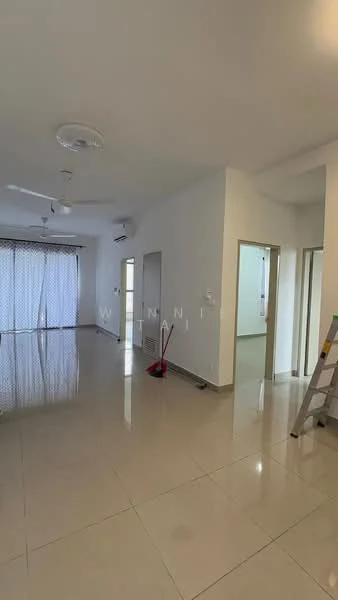 Room features: white painted walls, glossy ceramic tile flooring, recessed downlights, 5-blade ceiling fan, floor-to-ceiling windows with sheer curtains, sliding glass door, air conditioning unit, open layout, neutral color scheme, ladder, cleaning equipment visible; style: modern.