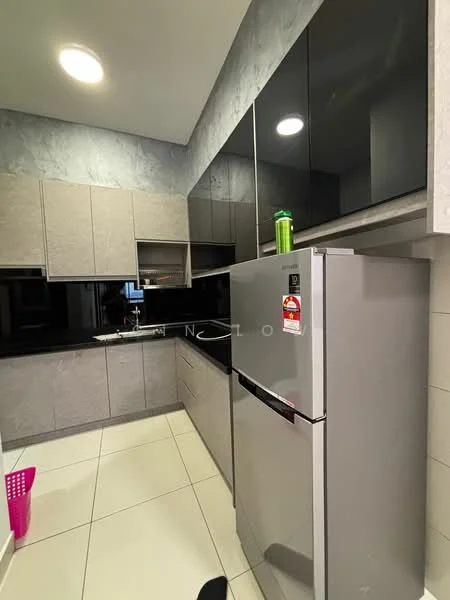 Kitchen features: grey laminate cabinetry, black glass upper cabinets, stainless-steel fridge, single-bowl stainless-steel sink, chrome pull-down faucet, black countertop, ceramic tile flooring, recessed downlights, wall-mounted microwave, open shelving, decorative wall paneling; style: modern.