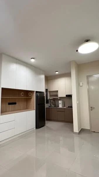 Kitchen features: white cabinetry with flat-panel design, brown cabinetry, black fridge, built-in oven, stainless-steel sink, single-bowl sink, countertop with light-colored surface, ceramic tile flooring, recessed downlights, wall-mounted cabinets, open shelving, kitchen island, modern faucet; style: modern.