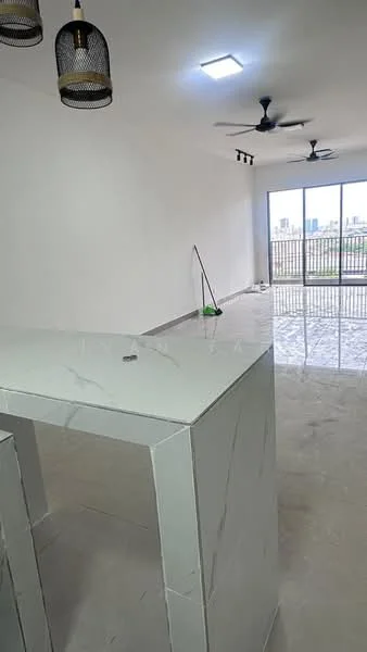 Living features: white painted walls, polished tile flooring, recessed LED downlights, 2 ceiling fans, large sliding glass door, floor-to-ceiling windows, open layout, marble countertop, pendant lights; style: modern; view: city.