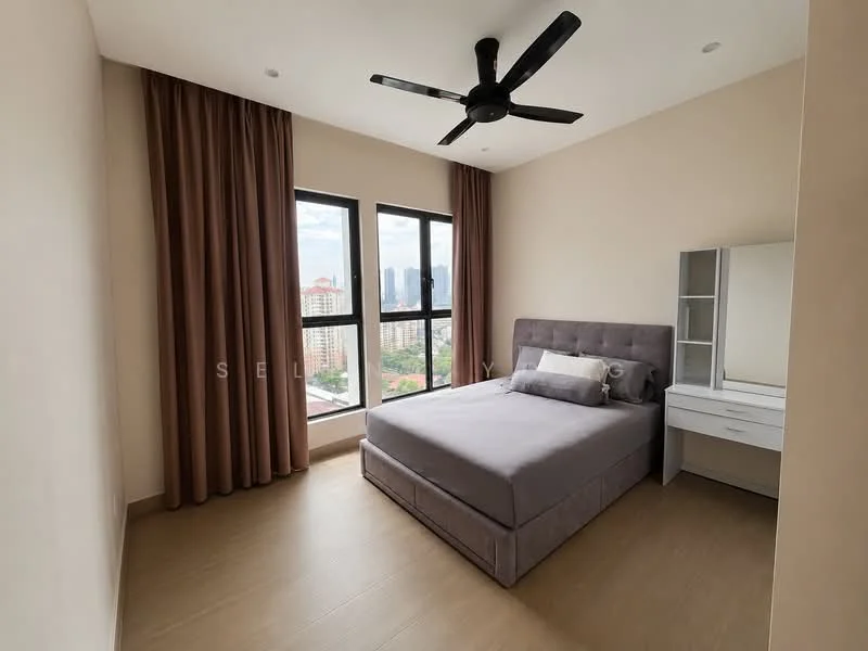 Bedroom features: king-size bed with upholstered headboard, grey bed frame, 2 bedside lamps, floor-to-ceiling windows, city view, light brown laminate flooring, cream painted walls, ceiling fan with light, curtains in brown fabric, dressing table with mirror; style: modern; view: city.