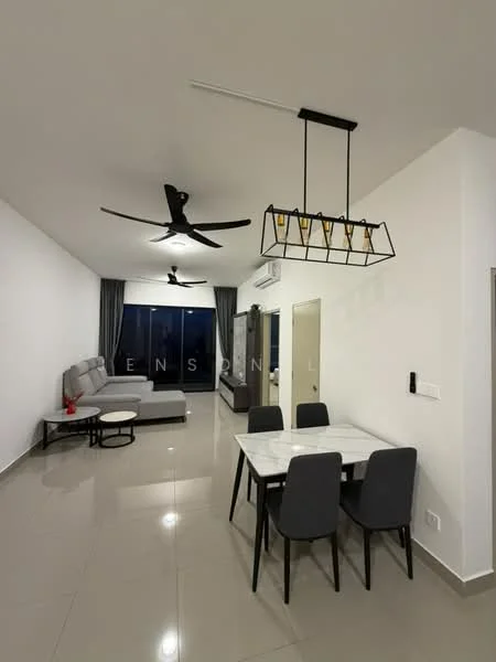 Living features: 3-seater fabric sofa in grey, L-shape sectional sofa, coffee table, dining table with 4 chairs, 5-blade ceiling fan with light, recessed downlights, floor-to-ceiling windows, grey curtains, white painted walls, glossy tile flooring; style: modern; view: city.