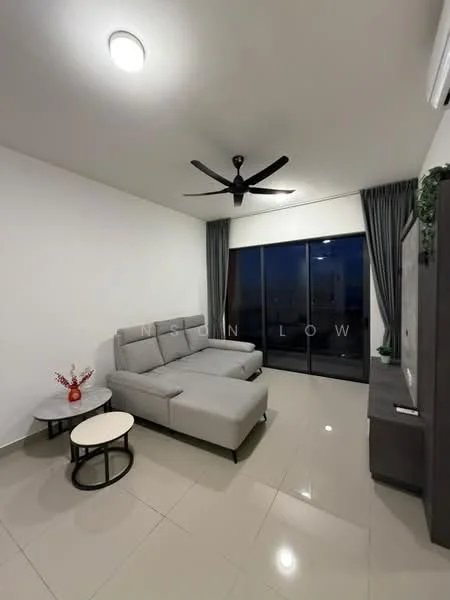 Living features: grey L-shape sectional sofa, round white coffee table, wall-mounted TV, TV console, floor-to-ceiling windows, sliding glass door, sheer curtains, 5-blade ceiling fan with light, recessed downlights, cream painted walls, glossy tile flooring; style: modern; view: city.
