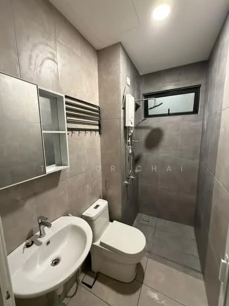 Bathroom features: grey tiled walls, grey tiled flooring, single-sink vanity with chrome faucet, toilet, walk-in shower with glass enclosure, chrome shower head, mirror above sink, wall-mounted storage shelf, hanging hooks, recessed lighting; style: modern.