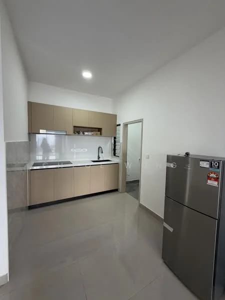 Kitchen features: laminate cabinetry in light brown, white countertop, single-bowl stainless-steel sink, chrome pull-down faucet, built-in oven, stainless-steel fridge, ceramic tile flooring, recessed downlights, wall-mounted cabinet, open shelving, grey tiled backsplash; style: modern.