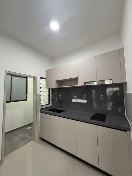 Kitchen features: grey laminate cabinetry, black granite countertop, double-bowl stainless-steel sink, chrome pull-down faucet, built-in oven, stainless-steel refrigerator, grey ceramic tile flooring, white painted walls, recessed LED downlights, window with black frame; style: modern.