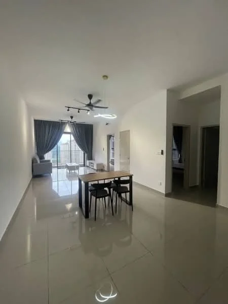 Living features: white painted walls, polished ceramic tile flooring, 5-blade ceiling fan with light, large windows with sheer curtains, dining table with four black chairs, sofa in light color, recessed lighting, open layout, neutral color palette; style: modern; view: city.