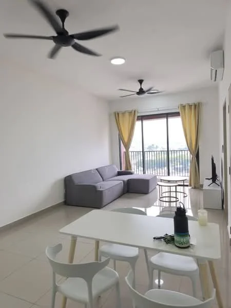 Living features: grey fabric sofa, 2-blade ceiling fan, white walls, tile flooring, floor-to-ceiling windows, sheer curtains, light-colored dining table, 4 white dining chairs, wall-mounted TV, recessed ceiling lights; style: modern; view: city.