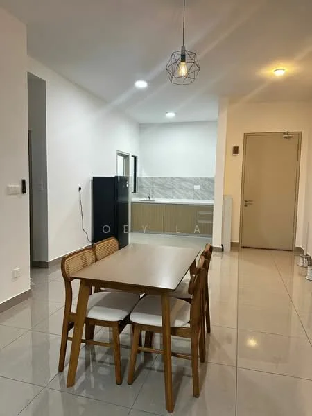 Dining features: 4-seater dining table, wooden dining chairs, white ceramic floor tiles, pendant light fixture, wall-mounted light, open layout to kitchen, neutral wall color, kitchen area visible in background; style: modern. Kitchen features: kitchen cabinetry, grey backsplash, stainless-steel fridge, countertop with sink, wall-mounted cabinets, tile flooring, kitchen appliances visible; style: modern.