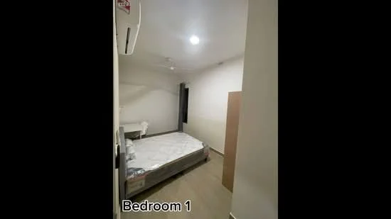 Bedroom features: queen-size bed, light wood flooring, white painted walls, ceiling fan, wall-mounted split AC, window with black frame, built-in wardrobe, decorative wall light; style: modern.