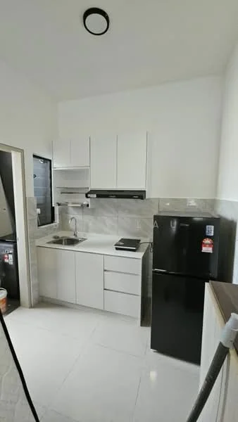 Kitchen features: white cabinetry, black refrigerator, stainless-steel sink, chrome pull-down faucet, white quartz countertop, grey tile backsplash, built-in oven, extraction hood, ceramic tile flooring, recessed ceiling light; style: modern.