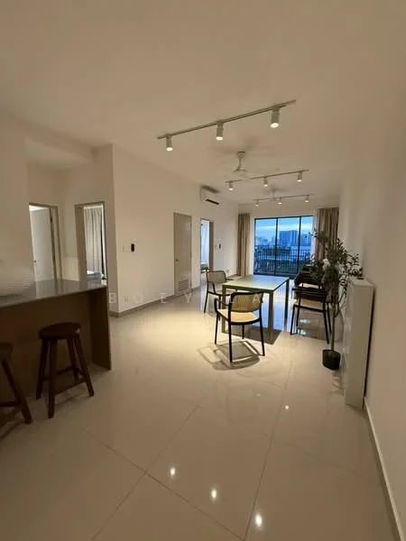 Living features: white painted walls, polished ceramic tile flooring, recessed downlights, 5-blade ceiling fan, floor-to-ceiling windows, sliding glass door, curtains, dining table with chairs, sofa, coffee table, decorative plant; style: modern; view: city. Kitchen features: kitchen island with seating, stools, open layout; style: modern.