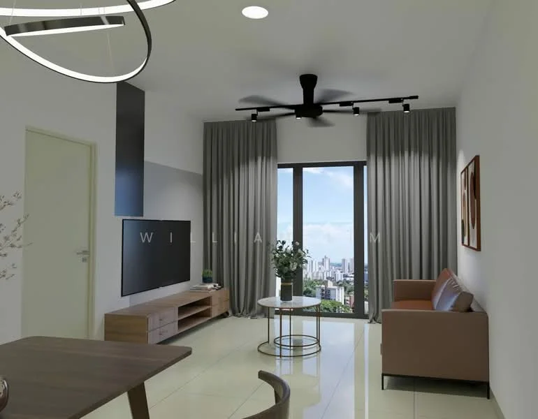 Living features: floor-to-ceiling windows, city view, 3-blade ceiling fan, recessed downlights, wall-mounted TV, wooden TV console, coffee table, 2-seater leather sofa in brown, decorative wall art, curtains, light-colored tiled flooring; style: modern; view: city.