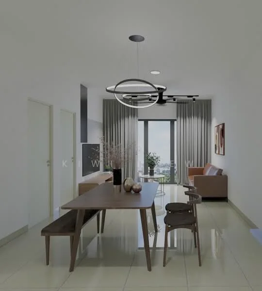 Dining features: rectangular wooden dining table, 4 dining chairs, wooden bench seating, pendant light fixture with circular design, floor-to-ceiling windows, sheer curtains, light-colored walls, glossy tile flooring, decorative wall art, sofa in the background, TV console in the background; style: modern; view: city.