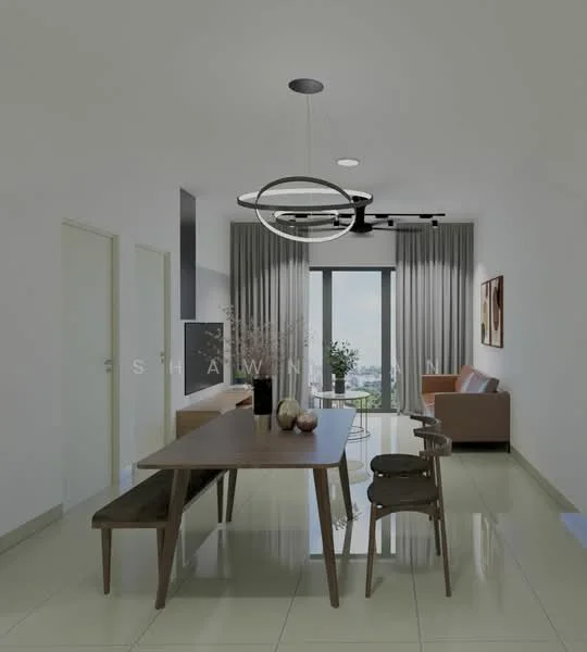 Dining features: dining table with wooden legs, upholstered dining chairs, bench seating, chandelier with circular design, floor-to-ceiling windows, sheer curtains, light-colored tiled flooring, decorative wall art, sofa in neutral color, TV console, wall-mounted TV; style: modern; view: city.
