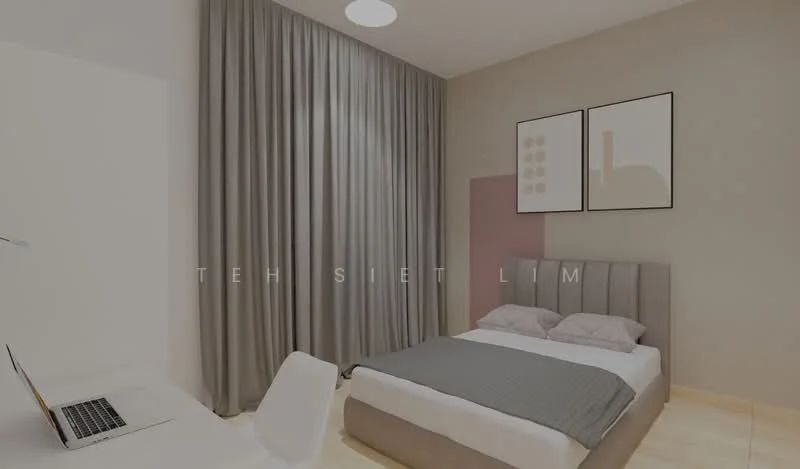 Bedroom features: king-size bed, upholstered headboard, grey bedding, two bedside pillows, floor-to-ceiling curtains, light-colored walls, tile flooring, desk with laptop, white chair, decorative wall art; style: modern.