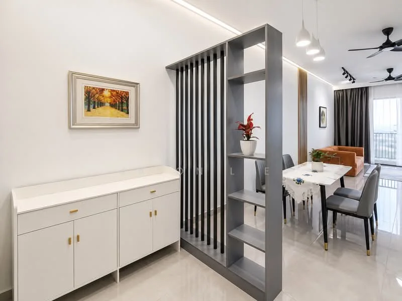 Living features: grey feature wall, white painted walls, polished tile flooring, 5-blade ceiling fan with light, recessed LED downlights, floor-to-ceiling windows, curtains, orange fabric sofa, dining table with chairs, decorative plant on shelf, framed artwork, open shelving unit; style: modern; view: city. Room features: white sideboard with gold handles.