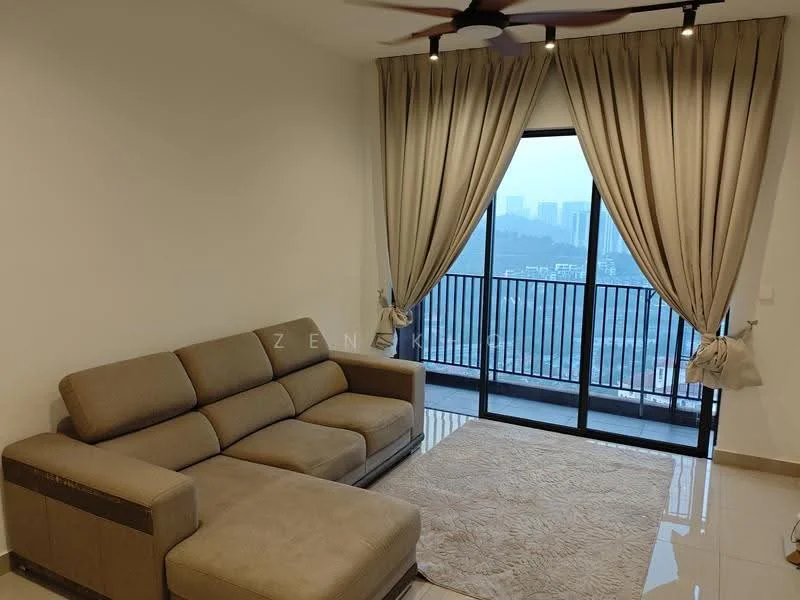 Living features: L-shape sectional sofa in beige, area rug with neutral color, floor-to-ceiling windows, curtains in light beige, ceiling fan with integrated light, polished tile flooring, balcony view, neutral painted walls; style: modern; view: city.