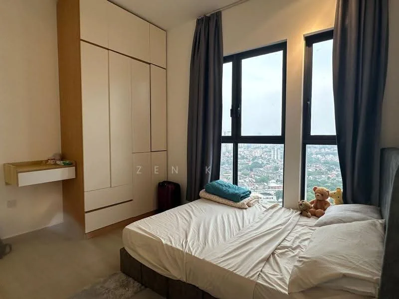 Bedroom features: king-size bed, upholstered headboard, bedside table with drawer, built-in wardrobe with sliding doors, floor-to-ceiling windows, grey curtains, decorative teddy bear, city view; style: modern; view: city.