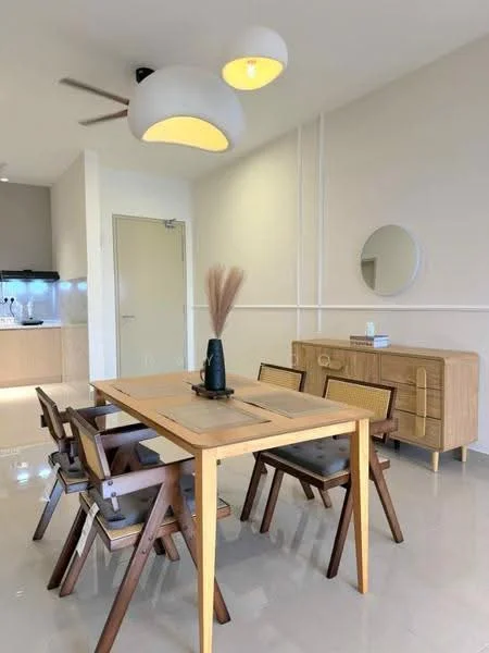 Dining features: wooden dining table, 4 wooden dining chairs, pendant light fixture with white shade, ceiling fan, decorative vase on table, mirror on wall, sideboard with drawers, glossy tile flooring, white painted walls; style: modern.
