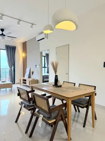 Dining features: wooden dining table, 4 wooden dining chairs with cane backing, pendant light fixture, white painted walls, grey curtains, marble tile flooring, ceiling fan, open layout to living area, decorative vase on table; style: modern; view: city. Living features: sofa, coffee table, floor-to-ceiling windows, air conditioning unit, decorative items on shelves; style: modern; view: city.
