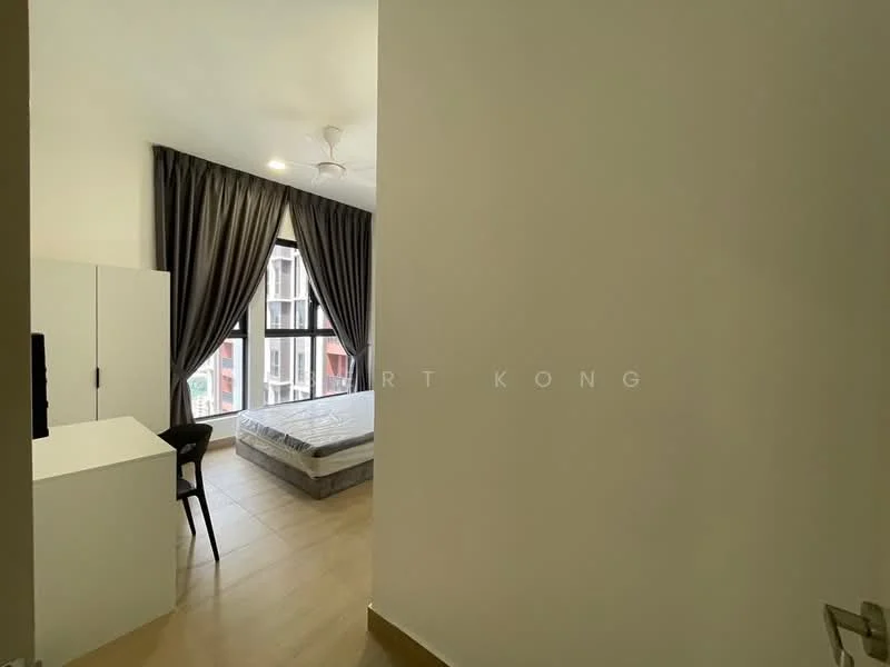 Bedroom features: queen-size bed, floor-to-ceiling windows, blackout curtains, light wood flooring, ceiling fan, built-in wardrobe, study desk, chair; style: modern; view: city.