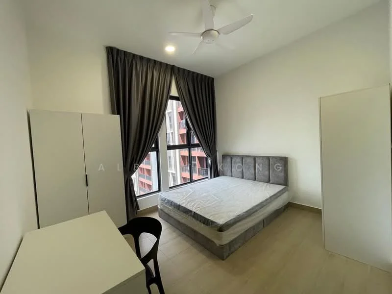 Bedroom features: queen-size bed with mattress, grey upholstered headboard, floor-to-ceiling windows, blackout curtains, light wood flooring, white painted walls, ceiling fan, built-in wardrobe, study desk, black chair; style: modern.