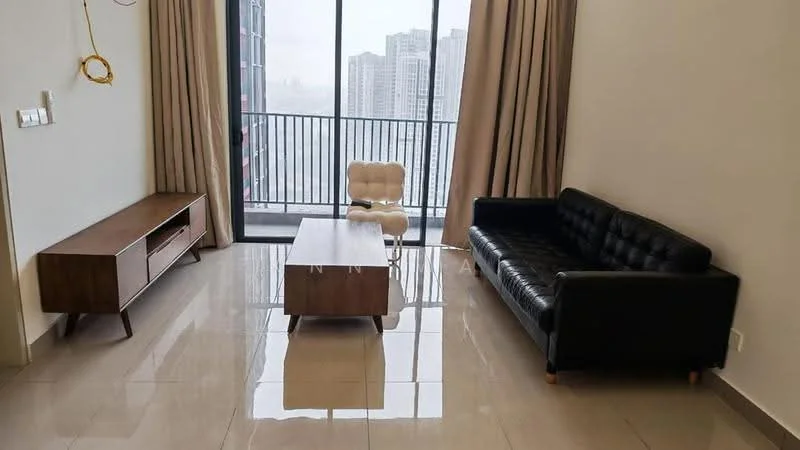 Living features: black leather sofa, wooden coffee table, wooden TV console, floor-to-ceiling windows, curtains, glossy tile flooring, accent chair, city view; style: modern; view: city.