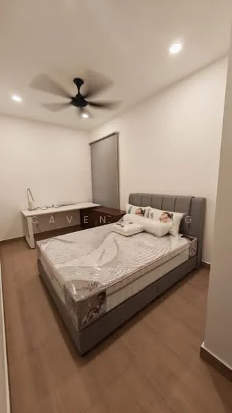 Bedroom features: queen-size bed, upholstered headboard, bedding with decorative pillows, wooden flooring, white painted walls, ceiling fan, window with roller blinds, built-in wardrobe, nightstand with lamp; style: modern.