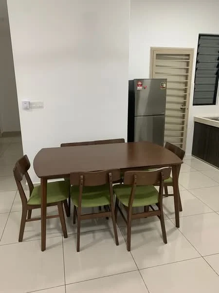 Dining features: brown wooden dining table, 4 green upholstered dining chairs, white painted walls, glossy tile flooring, refrigerator, window with black grille, light fixture, neutral color scheme; style: modern.