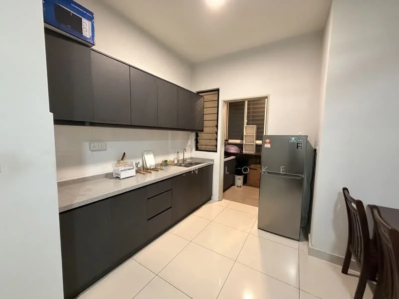 Kitchen features: dark cabinetry with flat-panel doors, white marble countertop, stainless-steel fridge, built-in sink, ceramic tile flooring, window with blinds, wall-mounted cabinets, dining table with chairs; style: modern.