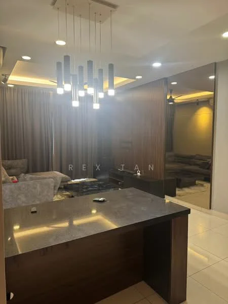 Living features: grey fabric sofa, coffee table, TV console, wall-mounted TV, chandelier with multiple bulbs, recessed downlights, curtains, wall paneling, tile flooring, decorative mirror, area rug; style: modern.