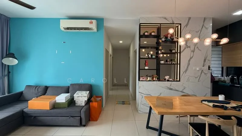 Living features: grey fabric sofa, wooden dining table, 4 dining chairs, wall-mounted split AC, pendant light fixture, blue accent wall, white tiled flooring, decorative wall shelf with items, neutral wall with marble pattern, open layout to hallway; style: modern. Room features: white walls, lighted hallway, neutral decor.