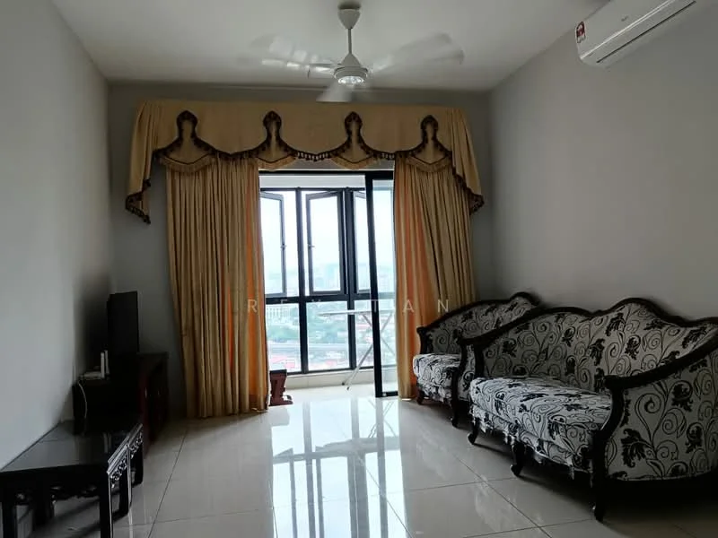 Living features: grey painted walls, glossy tile flooring, 5-blade ceiling fan with light, floor-to-ceiling windows, curtains with decorative valance, 2-seater sofa with floral pattern, wooden coffee table, TV console, wall-mounted TV, natural light from window; style: modern; view: city.