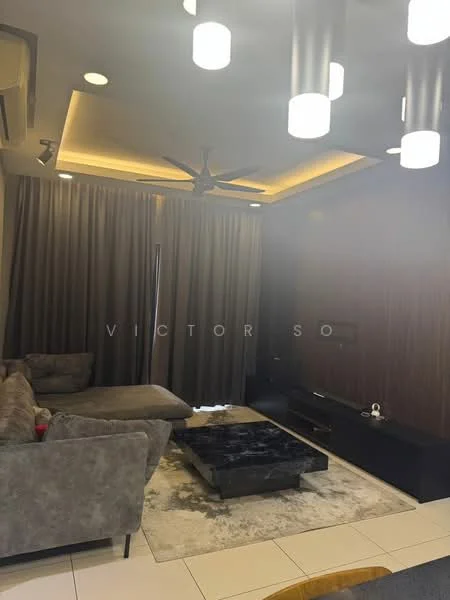 Living features: 3-seater fabric sofa in grey, coffee table, area rug with geometric pattern, wall-mounted TV, TV console, 5-blade ceiling fan with light, recessed downlights, dark wood accent wall, floor-to-ceiling curtains, white tiled flooring, decorative wall paneling; style: modern.
