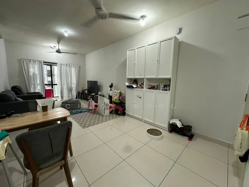 Living features: grey fabric sofa, 2-seater sofa, coffee table, TV console, wall-mounted TV, area rug with geometric pattern, white painted walls, ceiling fan, recessed lighting, tile flooring, built-in cabinets, window with sheer curtains; style: modern.