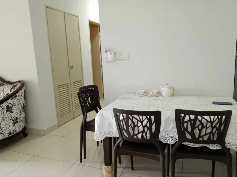 Dining features: white tablecloth on dining table, 4 dining chairs with decorative backrest, ceramic teapot, 2 teacups, neutral wall color, tiled flooring, built-in cabinet with louvered doors, light switch panel on wall; style: modern.